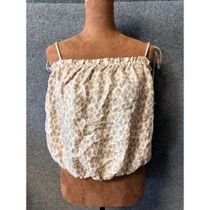 Unsubscribed Bubble Hem Tank Tan Animal Print Tie Shoulder Tassel Top Small NEW